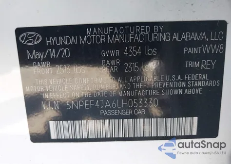 2020 Hyundai Sonata Sel z USA, uszkodzony, nr VIN 5NPEF4JA6LH053330